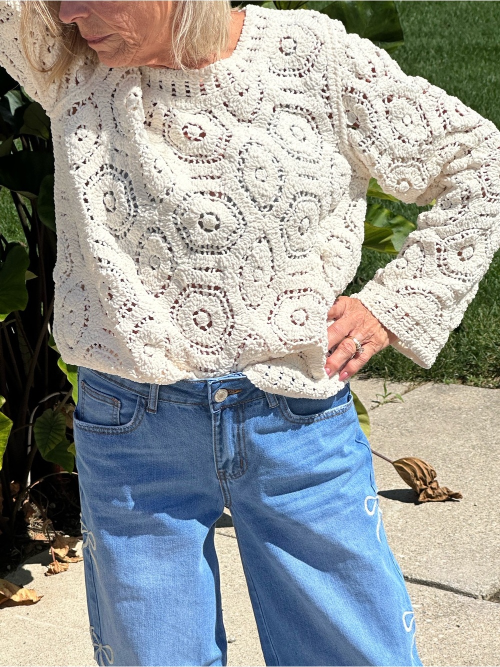 Boho Crochet Sweater Cream Open Knit Medallion Texture S-M